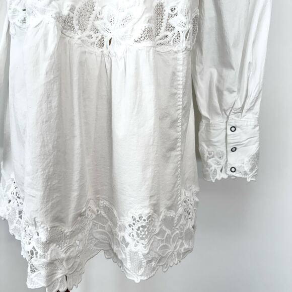 Free People Constance Mini Dress Embroidery Button-Up Long Sleeve Cotton White M - Picture 11 of 14